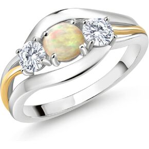 Gem Stone King 925 Sterling Silver and 10K Yellow Gold Round Cabochon White Ethiopian Opal and White Moissanite 3 Stone Ring For Women (0.76 Cttw, Available In Size 5, 6, 7, 8, 9)