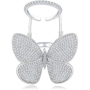 TEMICO Moving and Flying Butterfly CZ Paved Platinum Plated Fashion Party Cocktail Ring Wide Band for Women