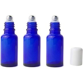 3Pcs Refillable Empty Blue Glass Roll-on Roller Bottles with Stainless Steel Roller Balls and White Cap for Essential Oil Perfumes Lip Balms Attar Travel Container (20ml/0.67oz)