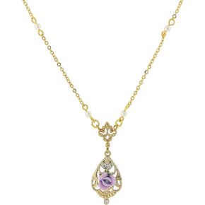 1928 Jewelry Women's Porcelain Rose Pendant Faux Pearl Accent Vintage Style Necklace 17"
