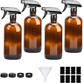 Amber Glass Spray Bottle 8oz 4 Pack Boston Bottles Durable Empty Reusable Refillable Container & Labels with Adjustable Nozzle for Cleaning, BBQ, Food, Alcohol, Essential Oils, Hair Salon