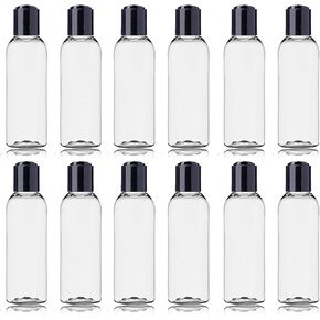 ljdeals 2 oz Clear Plastic Empty Bottles with Black Disc Top Caps, Refillable Containers for Shampoo, Lotions, Cream and more Pack of 10, BPA Free, Made in USA