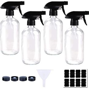 Amber Glass Spray Bottle 8oz 4 Pack Boston Bottles Durable Empty Reusable Refillable Container & Labels with Adjustable Nozzle for Cleaning, BBQ, Food, Alcohol, Essential Oils, Hair Salon