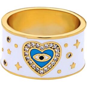 AILUOR Fashion White Enamel Evil Eye Ring, Inspirational Turkish Hamsa Crystal Love Heart Eye Charm Protection Rings for Women Size 7