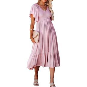 R.Vivimos Womens Summer Smocked Short Sleeve V Neck Casual Ruffle Patchwork Flowy Midi Dress