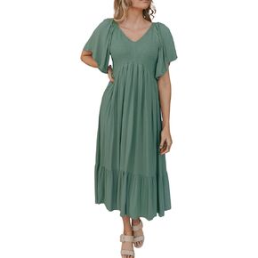 R.Vivimos Womens Summer Smocked Short Sleeve V Neck Casual Ruffle Patchwork Flowy Midi Dress