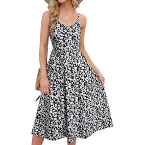 YATHON Summer Dresses for Women Casual Spaghetti Strap V Neck Floral Sundress Flowy Beach Midi Bohemian Dress with Pockets