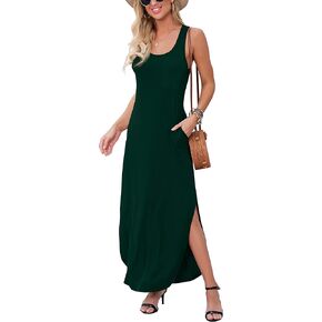 GRECERELLE Women's Sleeveless Summer Long Slit Casual Solid Floral Print Maxi Dress with Pocket
