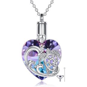 YFN Heart Crystal Urn Necklace for Ashes Cremation Jewelry Sterling Silver with Purple Blue Crystal Jewelry Gifts for Women Girls (Turtle)