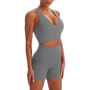 ABOCIW Workout Sets for Women 2 Piece Seamless Ribbed Yoga Outfits V Neck Racerback Sport Bra High Waist Shorts Exercise Set