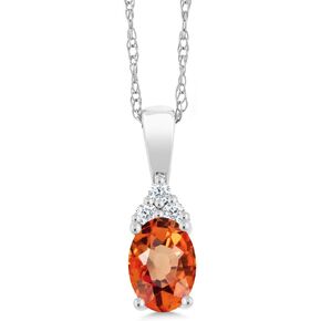 Gem Stone King 10K White Gold Orange Sapphire and White Diamond Accent Pendant Necklace For Women (0.55 Cttw, Gemstone September Birthstone, Oval 6X4MM, with 18 Inch Chain)