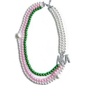Personality Black Women sorority society ALPHA letter label Pink green multilayer pearl bead necklace, Pearl, Rhinestone in Kuwait