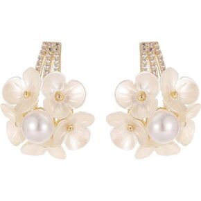 Delicate Shell Flower Pearl Stud Earrings for Women Girls Dainty 925 Sterling Silver Post 14K Gold Plated CZ Bar Hypoallergenic Studs Statement Wedding Party Valentines Day Gift Her