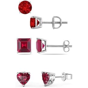 Paris Jewelry 18k White Gold 4Cttw Created Ruby 3 Pair Round, Square And Heart Stud Earrings Plated