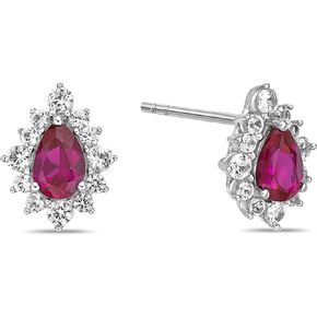 .925 Sterling Silver, Pear Cut Lab-Grown Gemstone & Round Lab-Grown White Sapphire Halo Teardrop Drop Style Stud Earrings - Choice of Gem Color