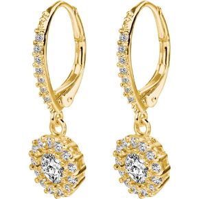 Cubic Zirconia Drop Earrings for Women Halo Round CZ Dangle Leverback Earring Wedding Gifts