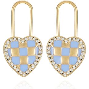 Juicy Couture Goldtone and Pink Checkered Heart Lock Post Drop Earrings