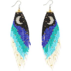 Long Beaded Tassel Earrings - Big Boho Statement Native Beaded Tassel Dangle Earrings for Women, Large Bohemian Handmade Seed Bead Fringe Earrings