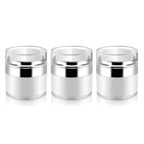 3 Pack 0.5 oz Airless Pump Jars,Empty Acrylic Makeup Cosmetic Jar Containers with Press Pump,Refillable Airless Travel Lotion Jar With Lid for Thick Moisturizer,Skincare Cream,White