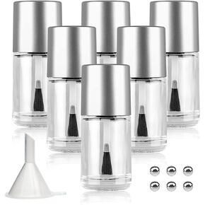 Agidea 6PCS Empty Nail Polish Bottles with Brush, Empty Refillable DIY Glass Nail Polish Bottles with Funnel & Mixing Balls (10ML, Silver)