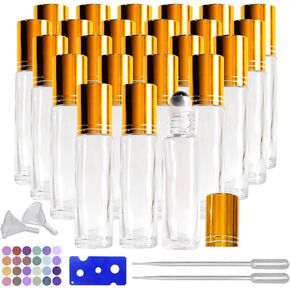 BEGIKET 24Pack Essential Oil Roller Bottles 10ml Clear Glass Roller Bottles with Stainless Steel Roller Balls Leak Proof Roll on Bottles for Travel Perfume Essential Oil