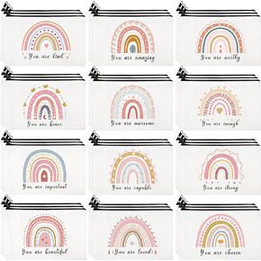 Hillban 36 Pcs Rainbow Canvas Cosmetic Bags Bulk Inspirational Quotes Cute Makeup Bag Motivational Travel Cosmetic Pouch Beautiful Gifts for Teacher Women, 12 Styles(Classic Style)