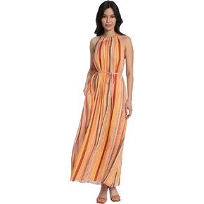 Maggy London Women's Irregular Stripe Printed Halter Maxi with Spaghetti Waist Tie