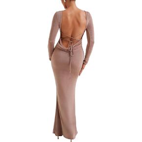 فستان LuFeng النسائي المثير بأكمام طويلة ورقبة على شكل قارب بدون ظهر وربطة خصر وظهر كاجوال فستان ماكسي ضيق in Kuwait