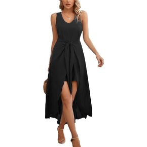 Mizukai Womens Sleeveless V Neck Floral Knot High Low Split Party Long Maxi Dress