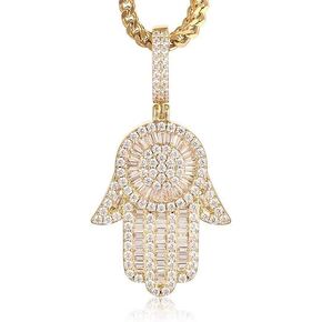 14K Gold Plated Micro Full Iced CZ Out Hamsa Hands Pendant with 28" Franco Chain Necklaces For Men Women Hip Hop Zircon Hamsa Necklace