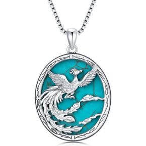 DOLIOX Genuine Phoenix Turquoise Pendant Necklace, Sterling Silver Boho Native Western Jewelry Birthdays Gift for Women
