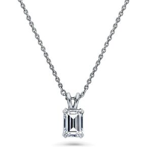 BERRICLE Sterling Silver Solitaire 1 Carat Emerald Cut Cubic Zirconia CZ Anniversary Pendant Necklace for Women, Rhodium Plated