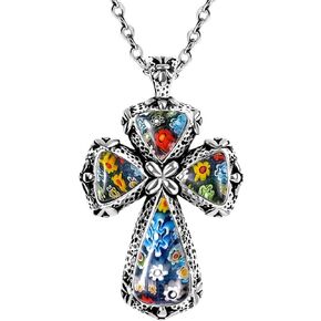 Shop LC Colorful Rainbow Cross Necklace for Women Christian Jewelry Black Oxidized Murano Style Millefiori Glass Flower Enameled Stainless Steel Chain Size 20" Birthday Gifts for Women