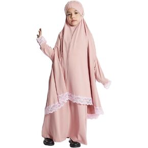 ODASDO Kids Prayer Dress Muslim Clothes for Girls Long Sleeve Abaya with Hijab Two Piece Maxi Islamic Skirt Jilbab Scarf Set