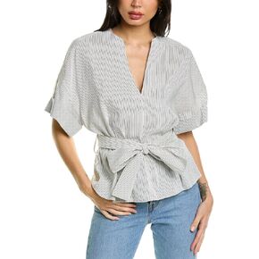 Vince Women's Stripe Cuffed S/S V-Neck Blouse