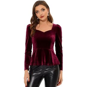 Allegra K Velvet Blouse for Women's Elegant Sweetheart Neck Long Sleeve Peplum Top
