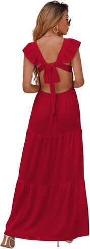 Floerns Women's Square Neck Ruffle Sleeve Backless Tie Back A Line Maxi Dress in Saudi Arabia