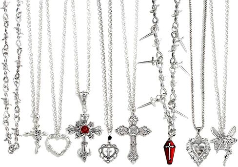 RIOSO 9PCS Grunge Goth Necklace for Women Gothic Cross Fairy Angel Thorns Chain Y2k Choker Necklace Punk Vintage Necklace Set in Kuwait