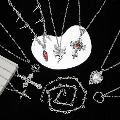RIOSO 9PCS Grunge Goth Necklace for Women Gothic Cross Fairy Angel Thorns Chain Y2k Choker Necklace Punk Vintage Necklace Set in Kuwait