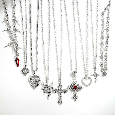 RIOSO 9PCS Grunge Goth Necklace for Women Gothic Cross Fairy Angel Thorns Chain Y2k Choker Necklace Punk Vintage Necklace Set in Kuwait