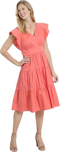 London Times Women's Cotton Poplin V-Neck Tiered Feminine Easy Summer Vacation Dress in Saudi Arabia