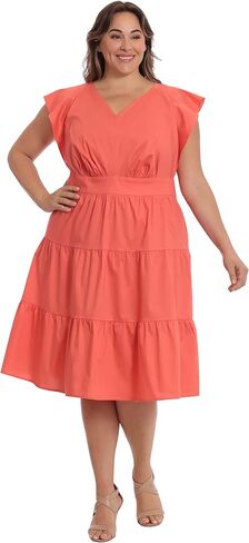 London Times Women's Cotton Poplin V-Neck Tiered Feminine Easy Summer Vacation Dress in Saudi Arabia