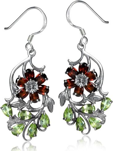 Silvershake Genuine Gemstone 925 Sterling Silver Victorian Style Flower and Leaf Dangle Hook Earrings in Saudi Arabia