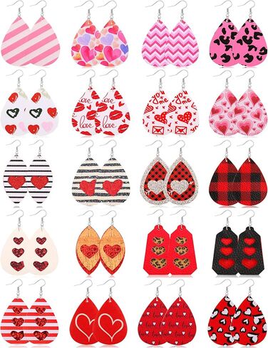 Honsny 20 زوجًا من الأقراط المصنوعة من الجلد الصناعي لعيد الحب للنساء خفيفة الوزن على شكل دمعة متدلية على شكل قلب أقراط قطرة الماء in Kuwait