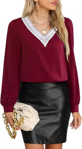 بلوزة نسائية من CZYINXIAN مزخرفة بالدانتيل وياقة على شكل V وأكمام طويلة من الشيفون بلوزات عمل غير رسمية in Kuwait