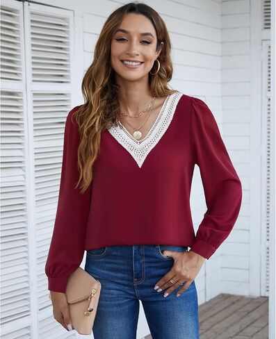 بلوزة نسائية من CZYINXIAN مزخرفة بالدانتيل وياقة على شكل V وأكمام طويلة من الشيفون بلوزات عمل غير رسمية in Kuwait