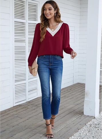 بلوزة نسائية من CZYINXIAN مزخرفة بالدانتيل وياقة على شكل V وأكمام طويلة من الشيفون بلوزات عمل غير رسمية in Kuwait