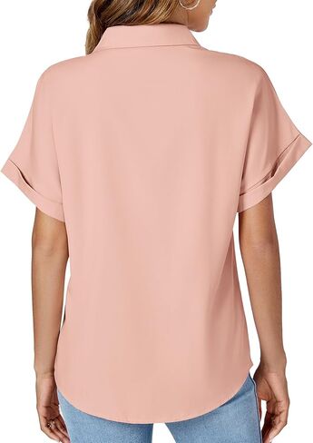 بلوزة نسائية من Umenlele بياقة مطوية وأكمام قصيرة وأزرار سفلية للعمل in Kuwait