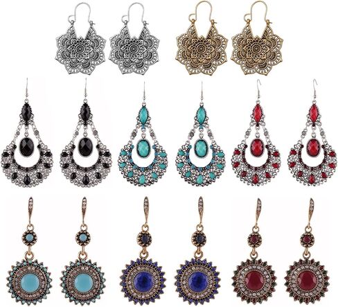 8 Pairs Boho Lotus Dangle Earrings for Women - Vintage Turquoise Western Jewelry Eardrop - Bohemian Dangling Ear Rings Native American Womens Jewelry - Valentines Mother's Day Gifts, 8 pairs, Zinc, in Kuwait