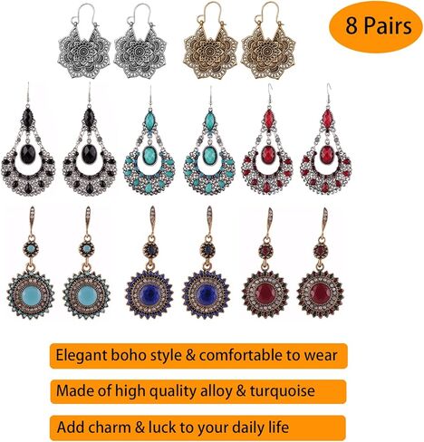 8 Pairs Boho Lotus Dangle Earrings for Women - Vintage Turquoise Western Jewelry Eardrop - Bohemian Dangling Ear Rings Native American Womens Jewelry - Valentines Mother's Day Gifts, 8 pairs, Zinc, in Kuwait